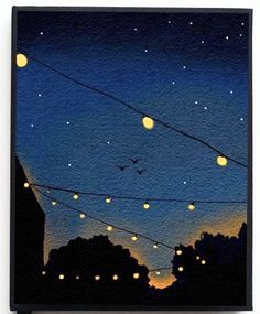 some lights are hanging from wires in the night sky with birds flying above them and trees below