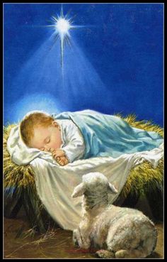 a painting of a baby jesus laying in the manger with his lamb and shining star