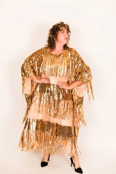 Gold Sequin Fringe Long Caftan - Fringe+Co Bohemian Sequin Kaftan For Parties, Bohemian Sequin Kaftan For Festivals, Bohemian Festival Kaftan With Sequins, Gold Bohemian Kaftan For Party, Long Sequined Kaftan For Party, Festive Sequin Maxi Length Kaftan, Festive Maxi-length Sequined Kaftan, Embroidered Caftan, Stretch Mesh Fabric