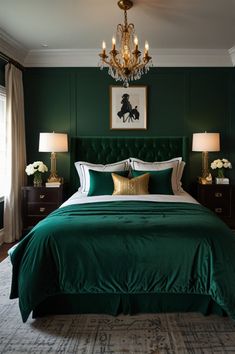 a bedroom with green walls and a chandelier