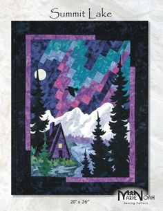 a quilted wall hanging with the words summit lake on it and mountains in the background