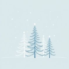 a snowy scene with trees and stars on the top of it, in blue tones