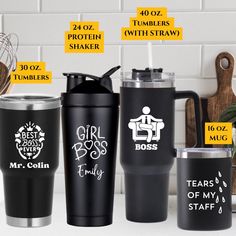 three different types of travel mugs on a counter with the names of their cups