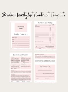 the bridal hairstylist contact template is shown in three different colors and sizes