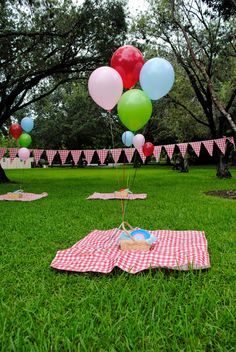 a picnic blanket and some balloons in the grass