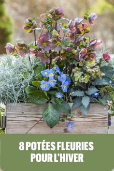 a wooden box filled with purple flowers and greenery