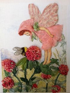 a painting of a fairy with pink flowers and a bee on it's back