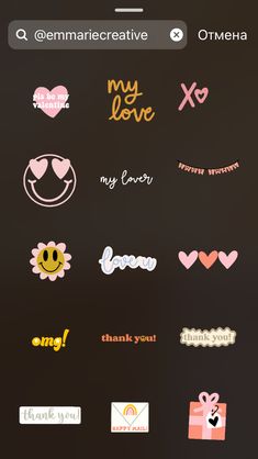 some stickers that are on the back of a cell phone, with words and hearts