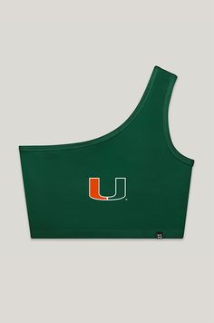 a green top with an orange and white logo on the front, it is made out of