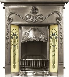 a silver fireplace with ornate designs on the top and bottom part, against a white background