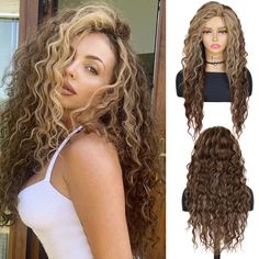 PRICES MAY VARY. ❤️Material: This long curly wig is made of high-quality heat-resistant synthetic fiber hair, similar to real human hair, pretty natural and soft, which is suitable for long-term use. ❤️Feature: There are two adjustment straps and a rose net, you can adjust it according to your head inch, which can fit different head sizes. And it’s easy to Instal, easy to take off. ❤️Color: This wig is a Blonde mixed Brown color, it's very fashionable and suitable for women.frizzy design on the Ombre Blond, Blond Ombre, Color Rubio, Brown Curly Hair, Blonde With Dark Roots, Ombre Highlights, Natural Looking Wigs, Sentiment Analysis, Hair Straightening Iron