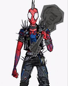 a drawing of spider - man holding a knife with spikes on it's chest