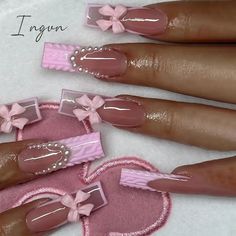 42677082030286 Valentines Nails Charms, Bow Pink Nails, Spring Nails 2024 Coffin, Valentines Nails With Charms, Mean Girl Nails, Cute Nails Birthday, Pink Nails Charms, Pink Charm Nails, Pink Winter Nails Acrylic