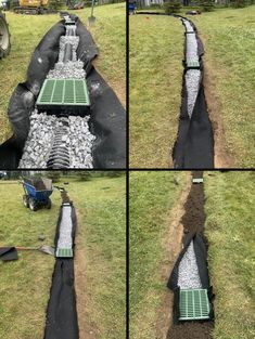 four pictures showing the different stages of drainage being used to drain water into a field