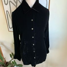 Eddie Bauer Womens Velvet Long Sleeve Button Up Blouse Top L Witchy Goth Silk Rayon Blend Vtg Item New With Tags Classic Shirt With Button Closure For Night Out, Elegant Fall Blouse With Snap Buttons, Classic Tops With Buttons For Night Out, Long Sleeve Button Shirt For Night Out, Long Sleeve Shirt With Buttons For Night Out, Elegant Fitted Blouse With Snap Buttons, Long Sleeve Shirt For Night Out, Button-up Shirt With Buttons For Night Out, Black Button-up Tops With Covered Buttons