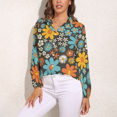 Step into the iconic style of the '60s with our Mod Floral Shirt, a fashion statement that seamlessly blends retro charm with contemporary flair. Embrace the spirit of the mod era with this 60s-inspired blouse, designed to make you stand out in any crowd. Our mod 60s top is a tribute to the timeless fashion of the past, combining vibrant floral patterns with modern elegance. Explore our collection of Women's Blouses and Women's Tops, each piece curated to elevate your wardrobe. The Long Sleeve Top offers versatility for any season, while the Semi Sheer Women's Top adds a touch of allure to your ensemble. Channel the chic vibes of the '60s and redefine your style with these effortlessly stylish tops.I designed this for women who loves the 60s! A truly adorable design with cute mod floral pa Women 60s, Blouse Designed, Mod 60s, Semi Sheer Top, Retro Tops, The Mod, Modern Boutique, Floral Prints Pattern, Women's Blouses