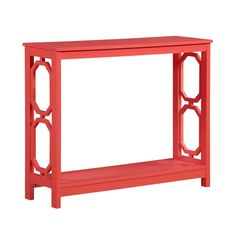 a red console table with two shelves on one side and an oval design on the other