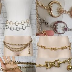 "Chain belts! Choose your style in the drop down, sold separately.  All are in good condition with minor imperfections noted below. mix of vintage and new handmade gold and silver refer to color not metal composition.  1 dull gold tone with slight tarnish tone throughout, good condition   waist 28-38\" max SOLD 2. 90s Gold tone triple drape chain front, good condition minor tarnish,  waists 14-39'' 3. Large Gold tone chain, double ring links with smaller chain for adjustment,  good condition, wa Gold Metal Waist Chain For Festival, Trendy Metal Jewelry For Cosplay, Adjustable Metal Waist Chain, Vintage Gold Chain Belt For Festivals, Gothic Silver Metal Chain Belt, Gothic Metal Chain Belt, Gold Jewelry With Metal Decoration, Adjustable Metal Chain Belt For Festivals, Silver Metal Chain Belt With Metal Decoration