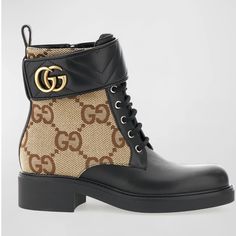 Gucci Size 35.5 Ankle Boot With Double G Size 35.5 Lace Up, Functional Inside Zip, Buckled Strap At Ankle Quilting At Strap 1.6" Heel Leather Or Canvas Upper; Leather Lining, Synthetic Sole Made In Italy Gucci Brown Ankle Boots, Gucci Calf Leather Boots, Chic Brown Gucci Boots, Gucci Boots Women, Gucci Combat Boots, Monogram Boots, Shoes Gucci, Gucci Marmont, Gg Monogram