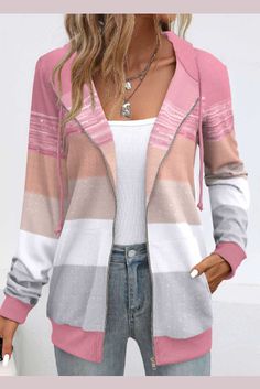 Pocket Geometric Print Pink Long Sleeve Hoodie Zip Up Jackets, Zippered Cardigan, Pink Print, Long Sleeve Hoodie, Geometric Print, Zip Hoodie, Sweater Hoodie, Hooded Jacket, Casual Looks