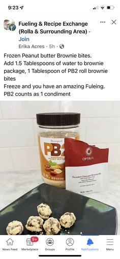 an image of cookies and peanut butter on a plate with a bag of protein powder