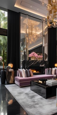 a living room with couches, tables and chandeliers