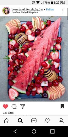 an image of watermelon slices and cherries on a platter with strawberries