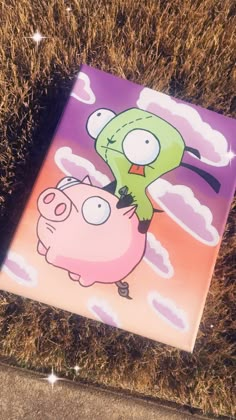 a painting of a cartoon character riding on top of a pink pig in the grass