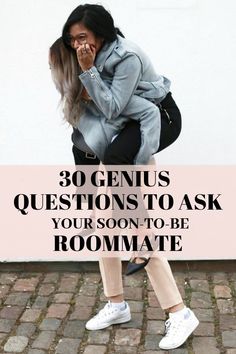 a woman with her head in her hands and the words 30 genius questions to ask your son to be roommatemate