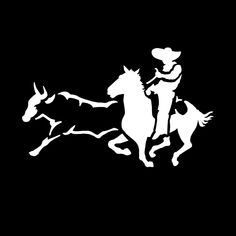 a cowboy riding on the back of a horse next to a cowgirl with a lasso