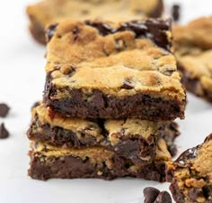 chocolate chip cookie bars stacked on top of each other