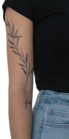 Women with arm tattoo. Olive branch covering the top half of arm. Black and white. Patch sleeve style Olive Branch Around Arm Tattoo, 3in Tattoo Ideas, Women Patch Sleeve Tattoo, Vine And The Branches Tattoo, Italian Ruscus Tattoo, Olive Branch Scripture Tattoo, Classy Tattooed Women Outfit, Arm Branch Tattoo, Botanical Olive Branch Tattoo