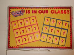 a bulletin board with question marks on it next to a sign that says who is in our class?