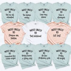 the most likely to get married t - shirts are shown in different colors and sizes