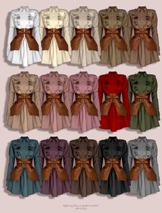 many different colored shirts with brown bows on the front and back, all in different colors