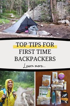 the top tips for first time backpackers are shown in this collage with text overlay