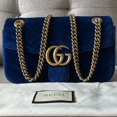 Gucci Gg Marmont Flap Bag Matelasse Velvet In Cobalt Blue Small Size. This Is Not A Mini. / Rare In This Condition /New Sizing 10” W X 6” H X 3” D ( 12” Or 22” Strap Drop) It Is A Gorgeous Cobalt Blue Color And Some Lights It Looks Blue And Some Lights It Might Look Black. Comes With Dust Bag. New, Never Worn, No Odor, Beautiful Bag. Blue Gucci Shoulder Bag With Branded Hardware, Blue Gucci Shoulder Bag With Dust Bag, Designer Blue Shoulder Bag With Gold-tone Hardware, Classic Blue Gucci Shoulder Bag, Blue Rectangular Gucci Bag, Blue Gucci Evening Shoulder Bag, Blue Gucci Shoulder Bag For Evening, Designer Blue Gucci Shoulder Bag, Blue Gucci Shoulder Bag For Formal Occasions