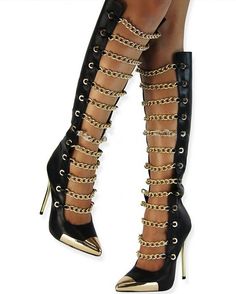 metal chain pointed toe stiletto heel long boots – mybestLuck Gladiator Boots, Boot Chains, Strappy Shoes, Trending Styles, Fashion High Heels, Long Boots, High Heel Boots, Stiletto Heel