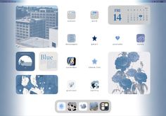 a desktop computer screen with blue and white images on the front, and an image of a building in the back