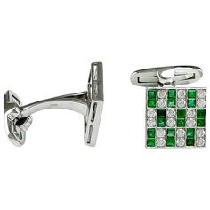 Platinum set cufflinks with diamonds weighing 0.81 carat and green emeralds weighing 1.45 carat. Sophia D by Joseph Dardashti LTD has been known worldwide for 35 years and are inspired by classic Art Deco design that merges with modern manufacturing techniques. Diamond Cufflinks Men, Vintage Cufflinks Men's Jewelry, Diamond Cufflinks With Polished Finish, Emerald Cufflinks, Diamond Cufflinks, Luxury Vintage Cufflinks, Diamond Cufflink, Onyx Cufflinks, Watch Cufflinks