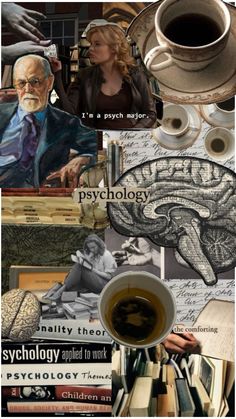 a collage of photos with coffee and books