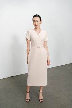 Melody Pegged V-Neck Twill Midi Dress | MEAN BLVD Modern V-neck Dress For Work, Classic V-neck Midi Dress For Summer, Modern V-neck Spring Dresses, Elegant V-neck Midi Dress For Daywear, Belted V-neck Daywear Dresses, Elegant Fitted V-neck Dress For Daywear, Belted V-neck Midi Dress, Elegant V-neck Maxi Dress For Office, Midi Length V-neck Dress For Spring Workwear