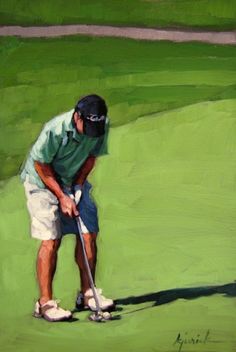 a painting of a man playing golf on a green course with his shadow in the grass