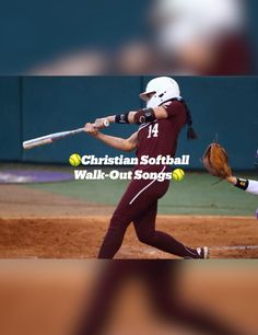 a woman swinging a baseball bat at a ball on a field with the caption christian softball walk - out songs