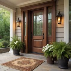 two potted plants sit on the front porch next to a door with glass panels