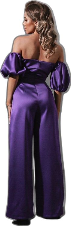 Elegant Solid Color Bodysuit For Party, Chic Fitted Satin Jumpsuits And Rompers, Fitted Evening Jumpsuits And Rompers In Solid Color, Fitted Solid Color Jumpsuits And Rompers With Puff Sleeves, Chic Fitted Purple Bodysuit, Formal Stretch Solid Color Jumpsuits And Rompers, Stretch Puff Sleeve Bodysuit, Stretch Jumpsuits And Rompers For Formal Occasions, Purple Fitted Jumpsuits And Rompers For Formal Occasions