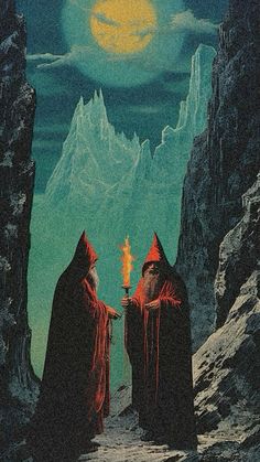 two men standing in front of a mountain with a lit candle on their hands and looking at each other