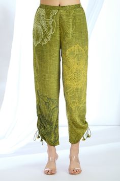 Mehendi green short kurta with botanic print and sequin embroidered neck. Paired with matching pant. - Aza Fashions Traditional Green Bottoms For Spring, Festive Green Cotton Bottoms, Jayanti Reddy, Basil Leaf, Cutout Shorts, Short Kurta, Pant Women, Rohit Bal, Pant For Women