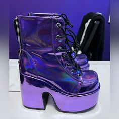 Worn Once For 3 Hours. Size 8. True To Size. Comes In Original Box. Trendy Purple Platform Boots, Purple High-top Platform Boots, Purple Platform Party Boots, Purple Platform Boots For Party, Trendy Purple Boots With Round Toe, Trendy Purple Round Toe Boots, Purple Platform Boots With Pointed Toe, Purple Platform Boots With Round Toe, Trendy Purple Lace-up Boots