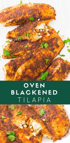 an image of ovened tilappa on a white plate with text overlay